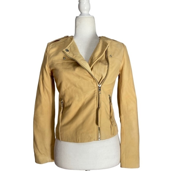Mango Sheep Leather Buttercup Yellow Moto Jacket - Picture 3 of 9